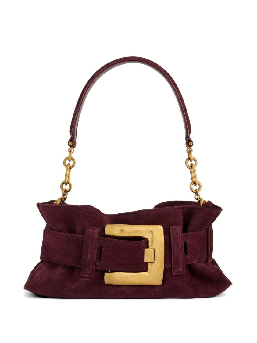 Balmain Burgundy Suede Shoulder Bag With Oversized Gold Buckle