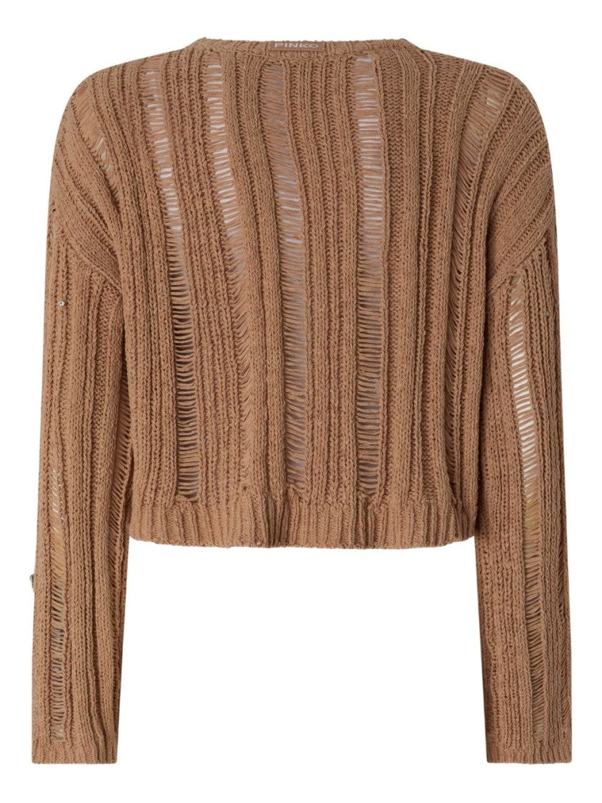 Pinko Beige Distressed Embellished Sweater