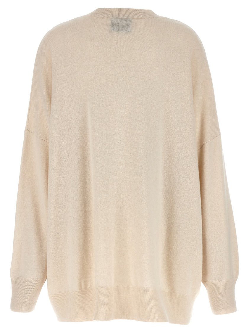 Nude V-Neck Oversized Wool Sweater With Ribbed Cuffs