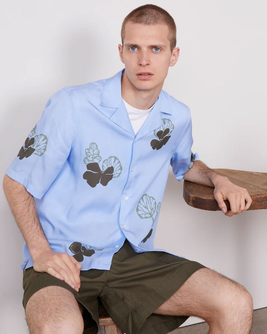 Officine Generale Floral Print Camp Shirt With Quarter Sleeves