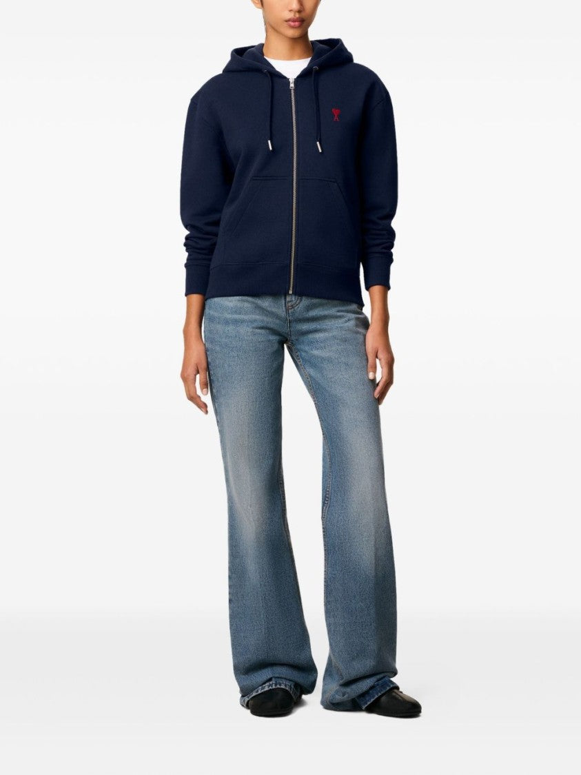 Ami Paris Navy Blue Zip-Up Hoodie With Drawstring And Embroidered Detail