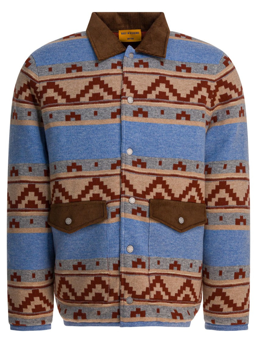 Guest In Residence Geometric Patterned Blue Jacket With Corduroy Collar