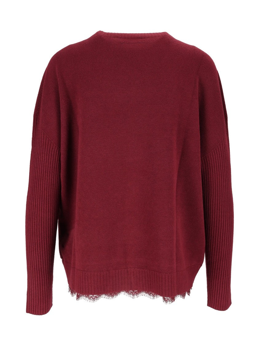 Ermanno Scervino Burgundy Maglia Lace Trim Boxy Sweater