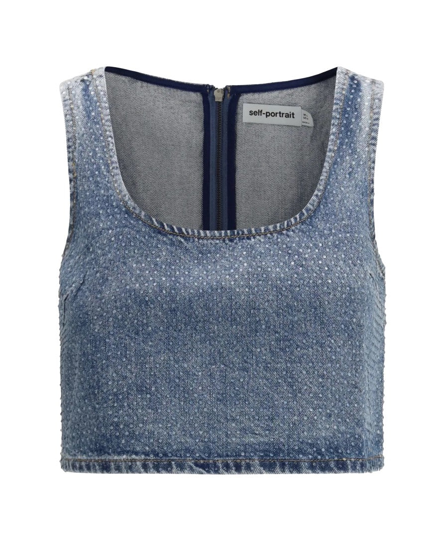 Self-Portrait Cropped Stonewashed Denim Top With Crystal Embellishments