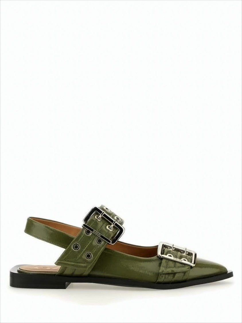 Ganni Glossy Olive Green Leather Flat Shoes With Buckle Detailing