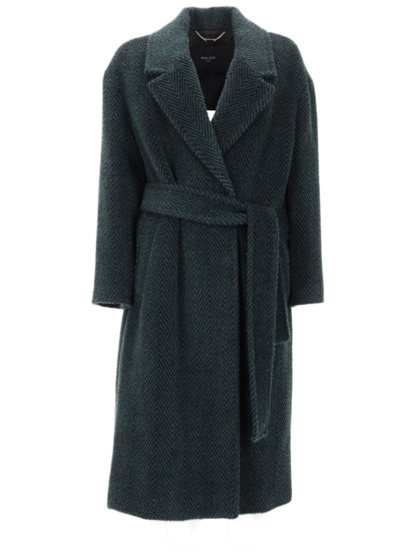 Paltò Textured Herringbone Coat With Wide Lapel And Cinched Waist