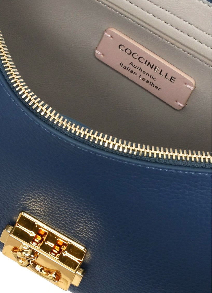 Coccinelle Structured Blue Leather Shoulder Bag With Distinctive Gold-Tone Lock