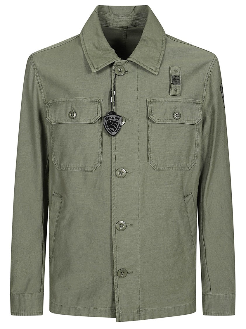 Blauer Unlined Green Utility Jacket With Shirt Collar And Logo Accents