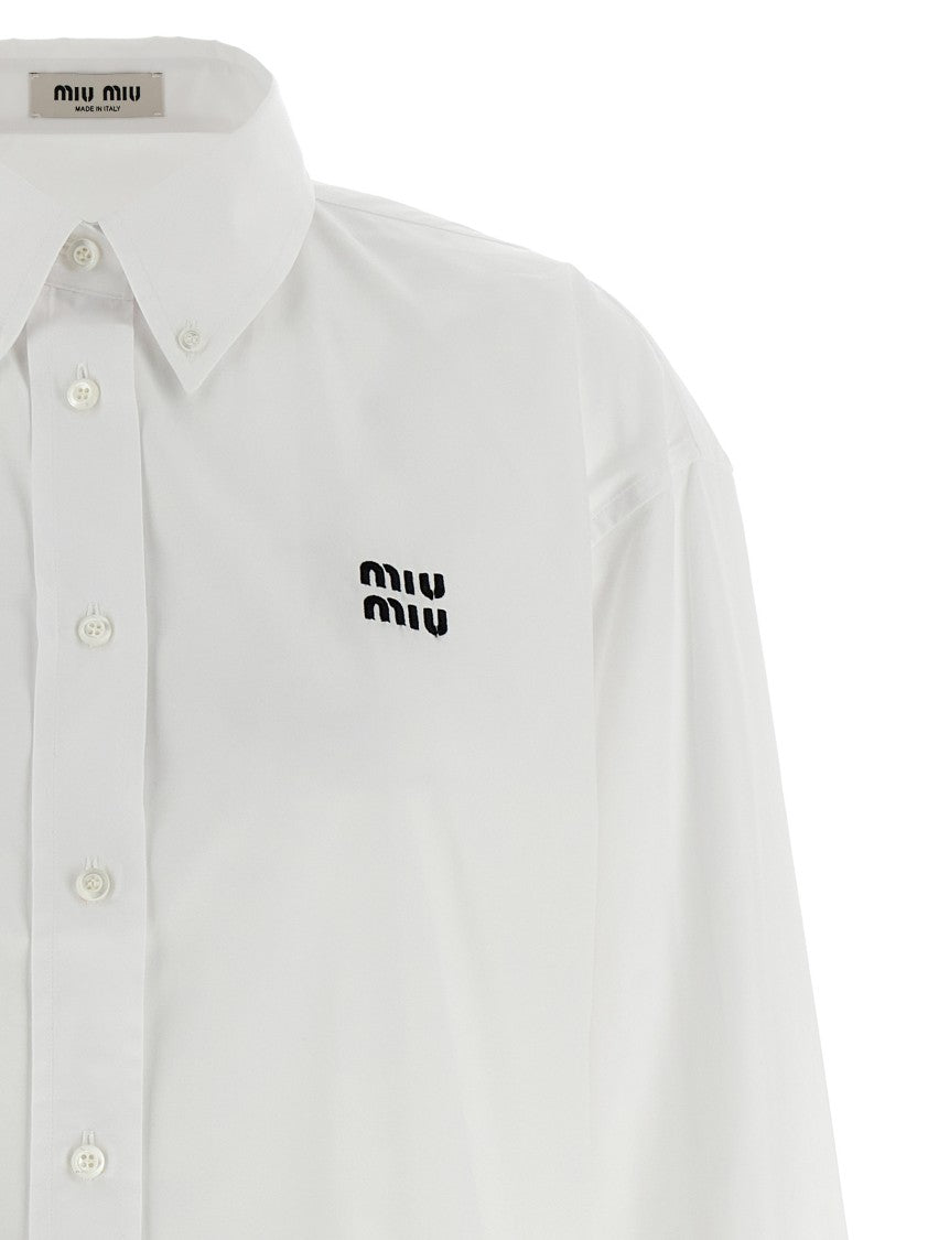 Miu Miu Cropped Cotton Poplin Shirt With Contrast Logo Embroidery