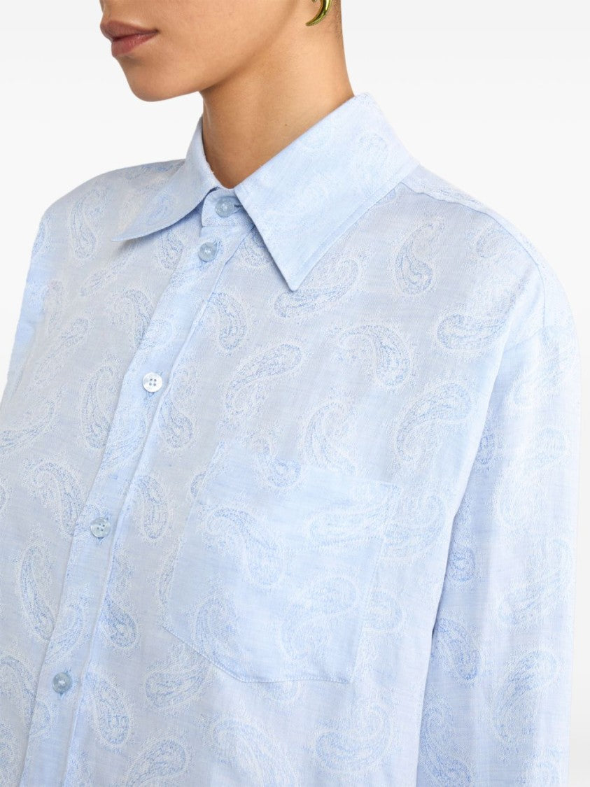 Etro Light Blue Linen-Cotton Shirt With Iconic Paisley Print