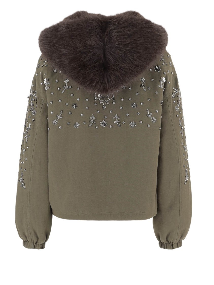 Novelle Green Floral Embroidered Hooded Cotton Jacket