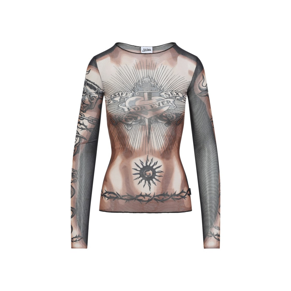 Jean Paul Gaultier Tattoo-Print Sheer Mesh Long-Sleeve Top
