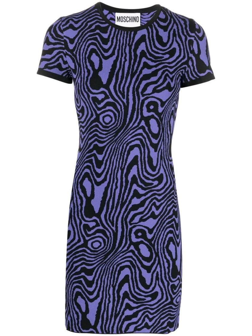 Moschino Fitted Mini Dress With Abstract Wavy Pattern And Black Trim