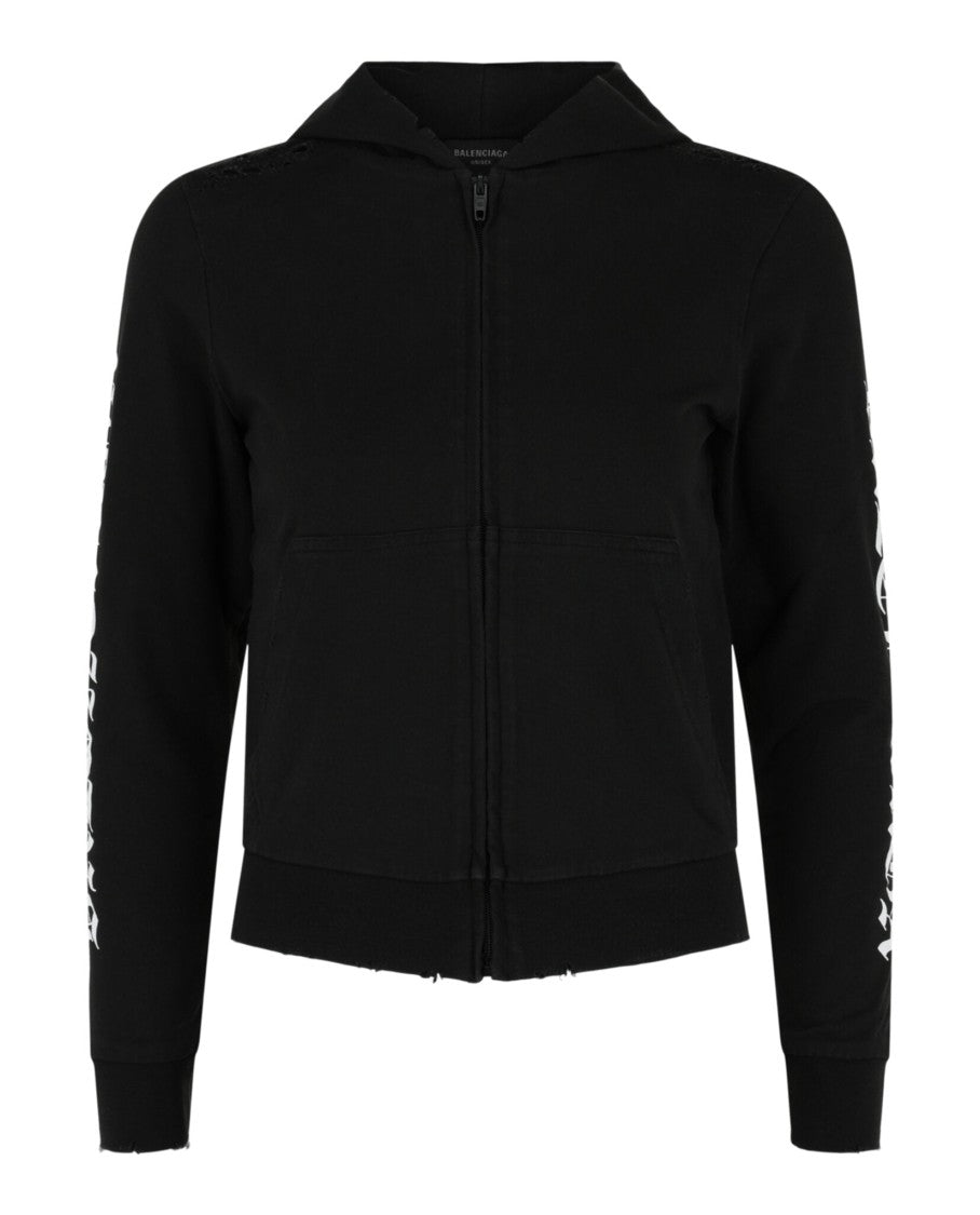 Balenciaga Distressed Print Logo Zip-Up Hoodie