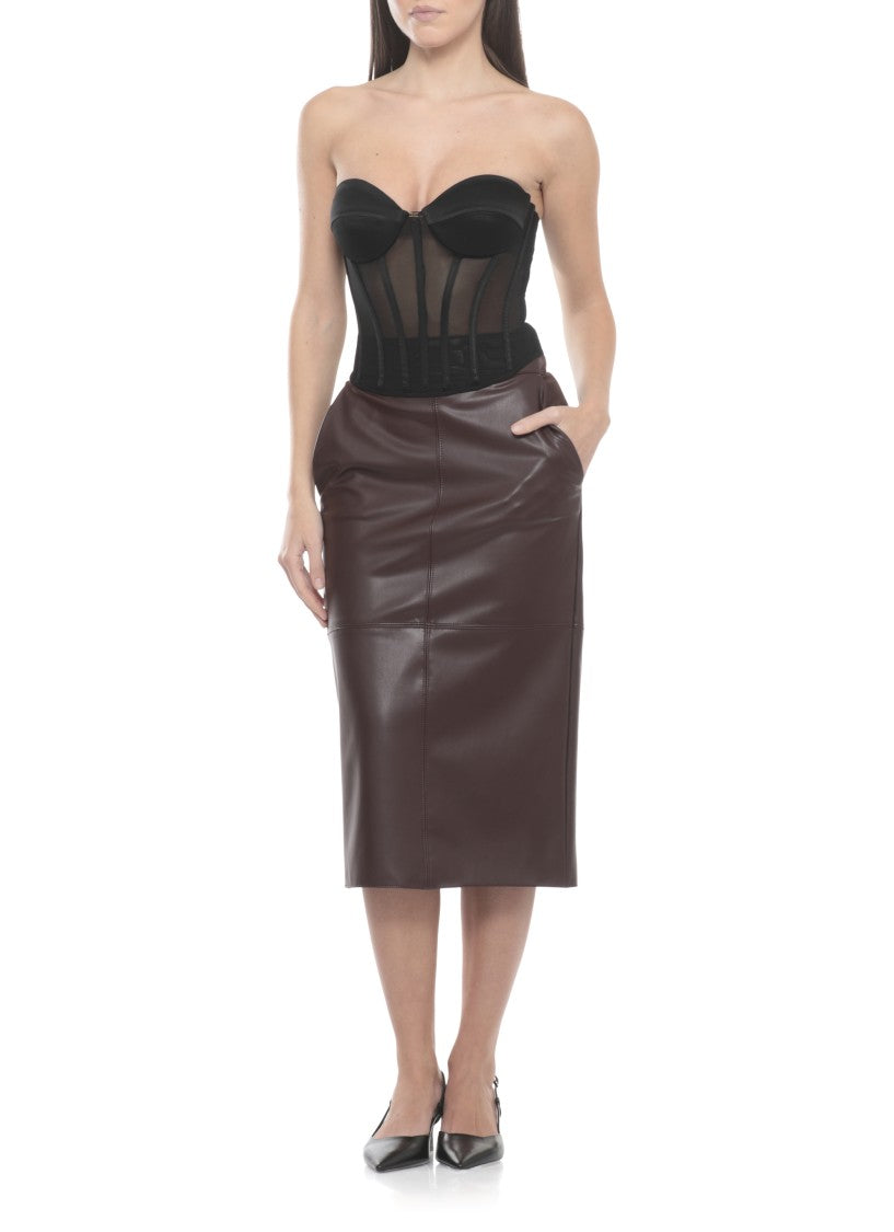 Elisabetta Franchi Fitted Brown Leather Midi Skirt With Logo Embossing