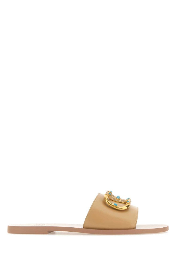 Valentino Garavani Beige Leather Vlogo Slippers