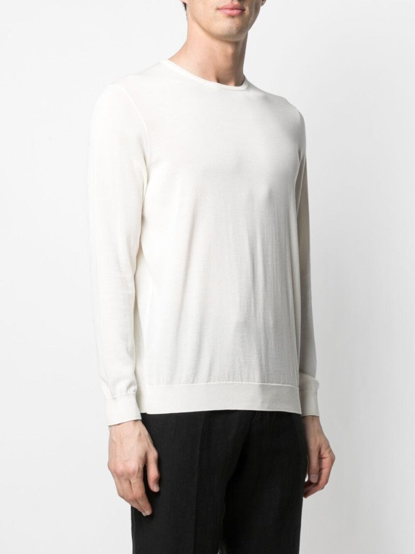 Drumohr White Crew-Neck Sweater With Ribbed Cuffs