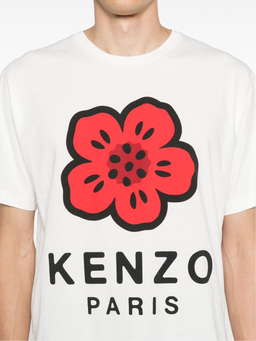 Kenzo Graphic White Cotton T-Shirt With Flower Design