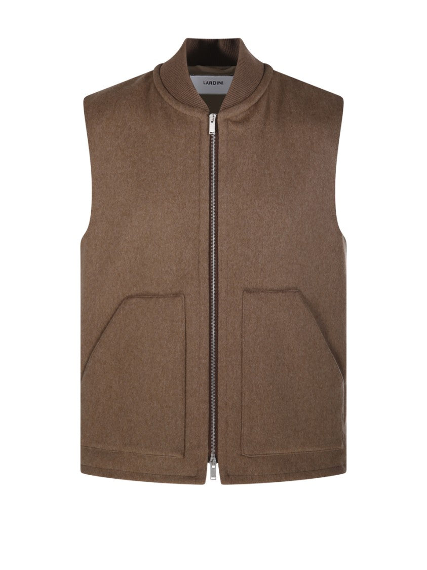 Lardini Sleeveless Brown Virgin Wool Vest Jacket With High Collar