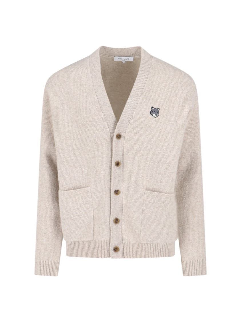 Maison Kitsuné "Fox Head" Cardigan, In Beige Wool