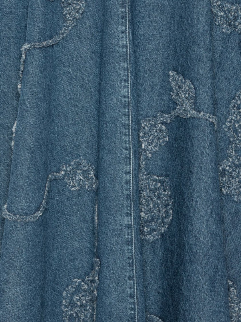 Rotate Flared Blue Midi Skirt With Intricate Floral Embroidery