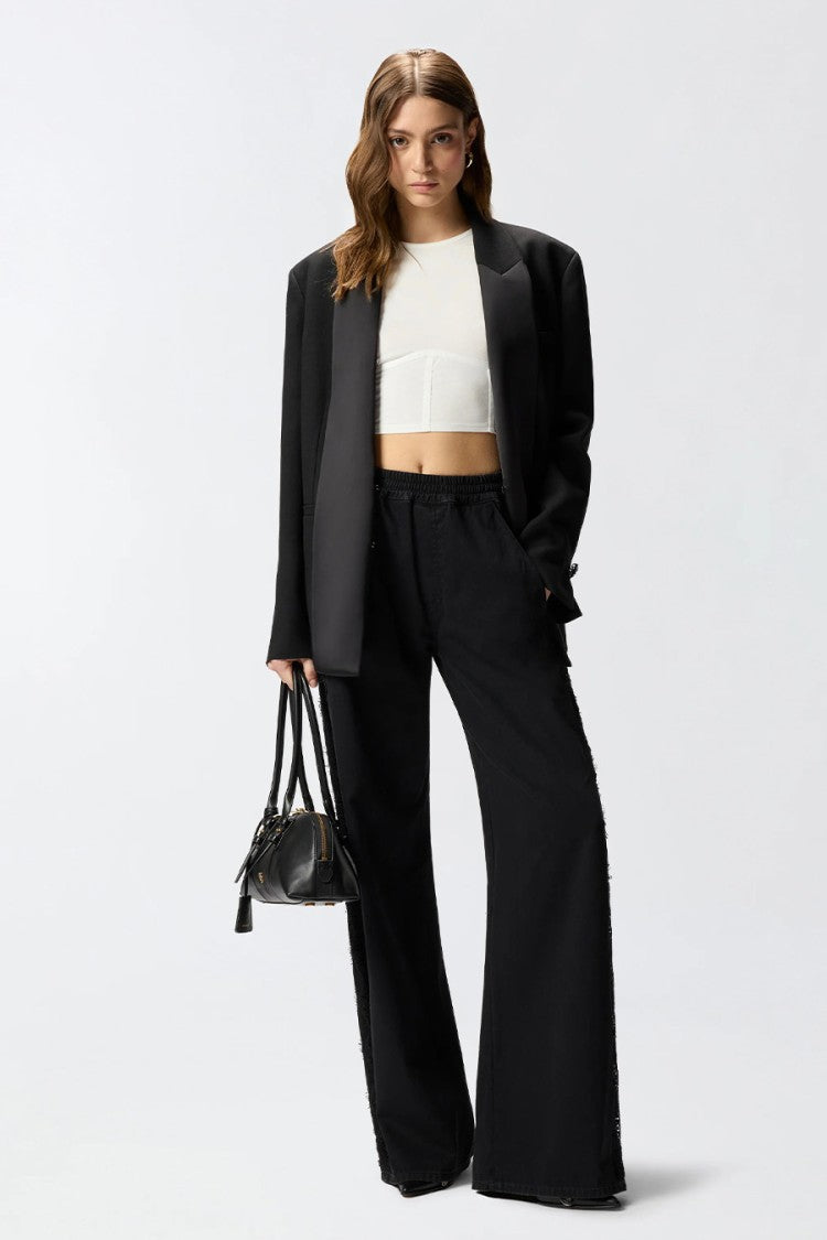 Pinko Black Palco Wide-Leg Lace Side Panels Cotton Pants