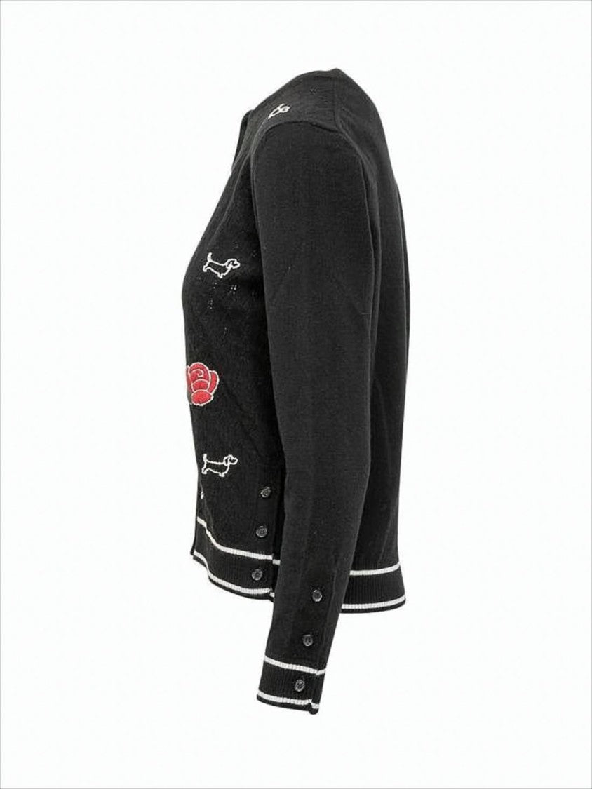 Thom Browne Black Wool Knit Cardigan With Openwork Pattern And Playful Embroidery