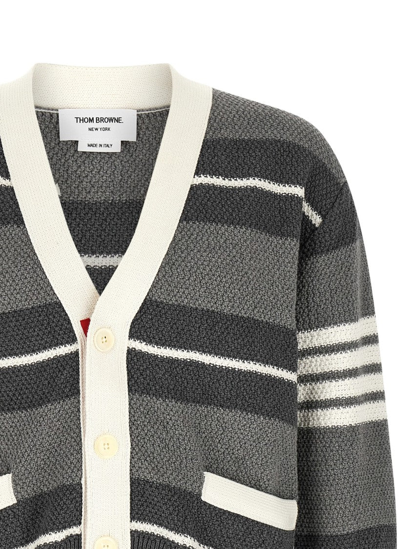 Thom Browne Heavy Cotton Striped Cardigan With Grosgrain Ribbon Plackets
