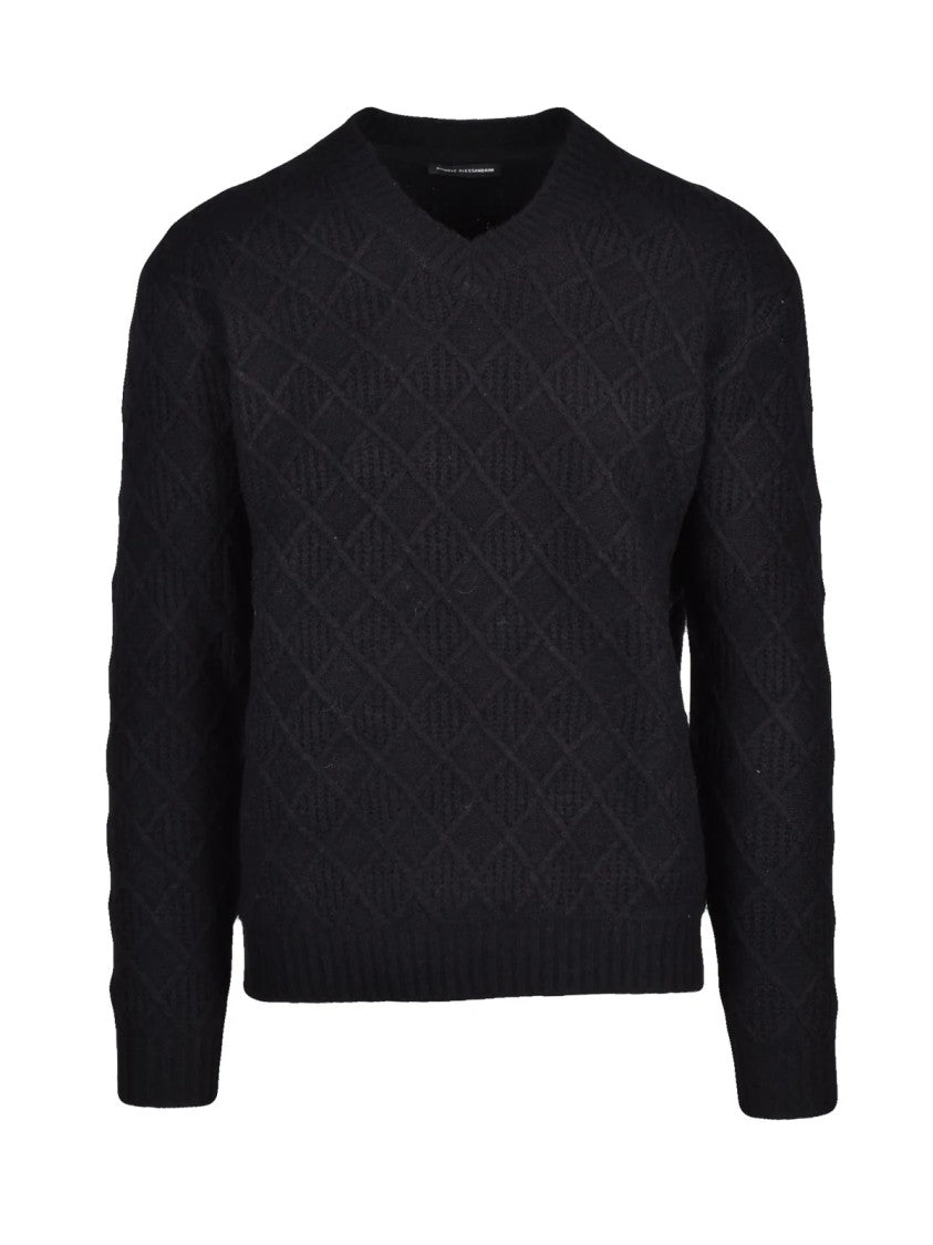 Daniele Alessandrini Textured Black V-Neck Sweater With Ribbed Accents