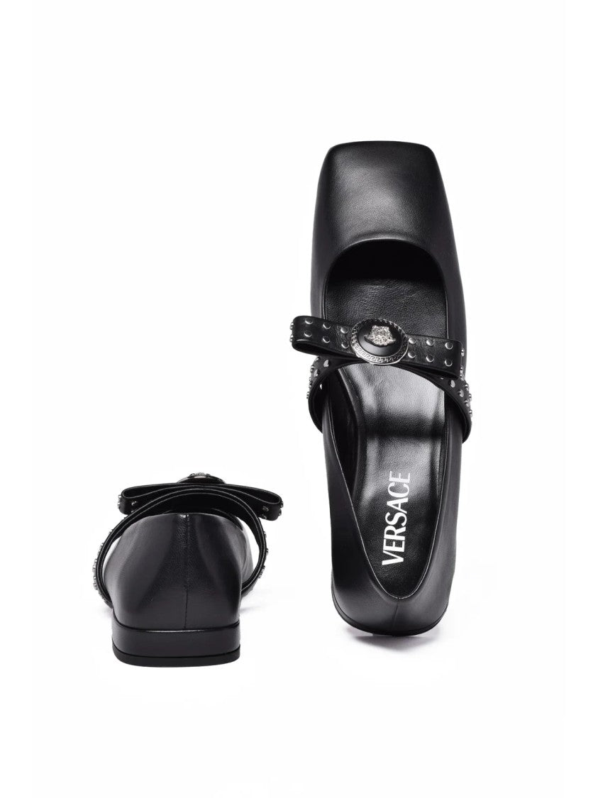 Versace Collection Black Square Toe Leather Flats