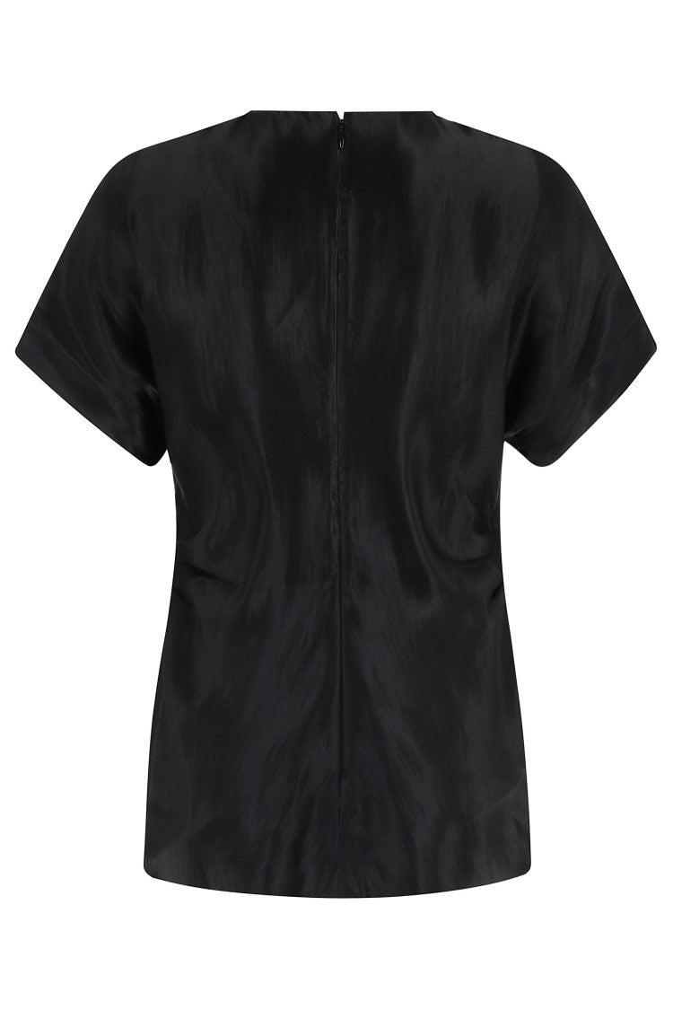 Loulou De Saison Pero Black Draped Linen-Silk Short-Sleeve Blouse