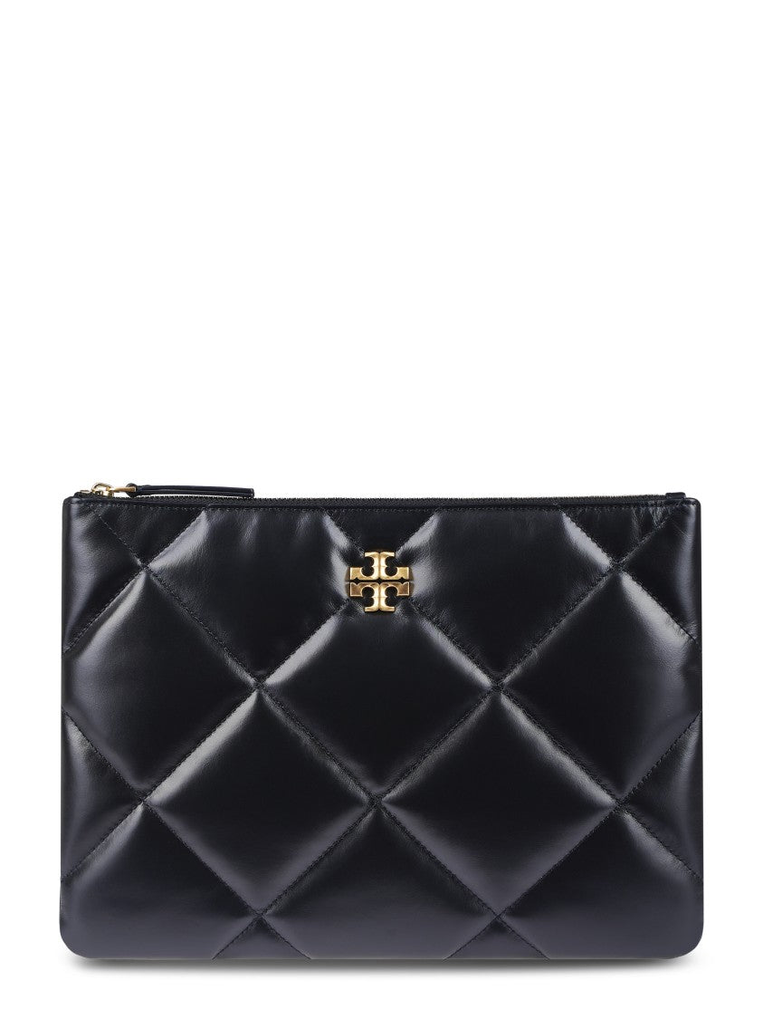 Tory Burch Diamond Quilted Black Pouch With Glossy Finish