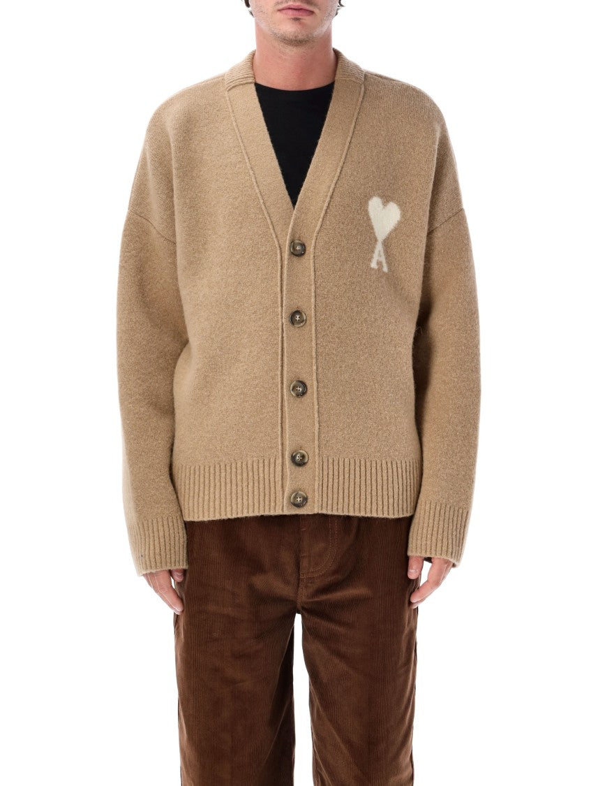 Ami Paris V-Neck Alpaca Cardigan With Intarsia Heart Logo