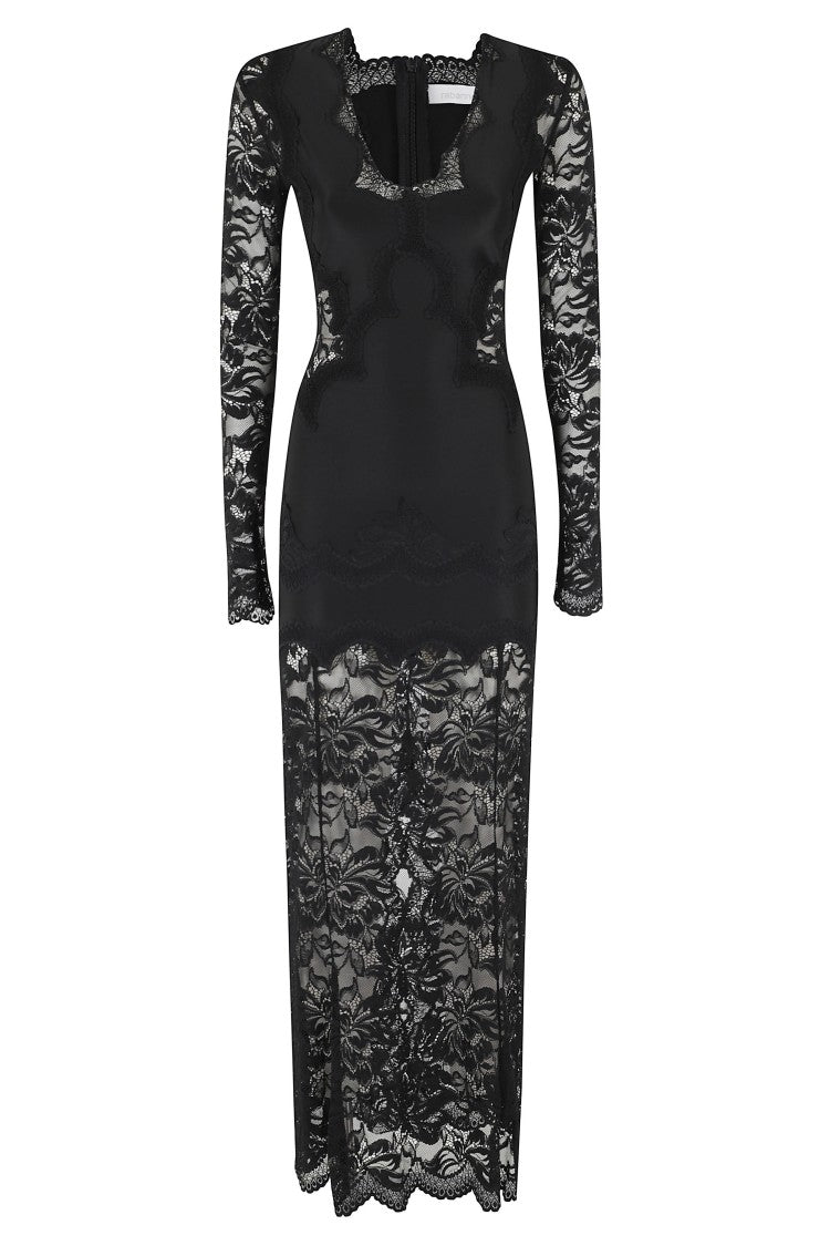 Rabanne Black Long All-Over Lace Flared Polyamide Long Dress