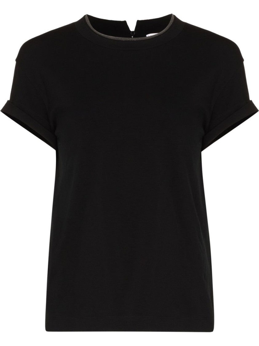 Brunello Cucinelli Black Cotton T-Shirt With Keyhole Detail