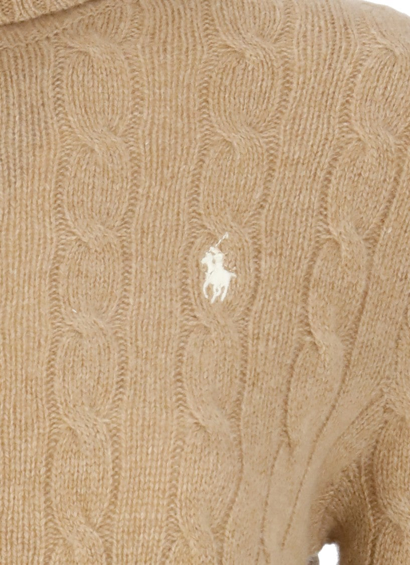 Polo Ralph Lauren Beige Wool And Cashmere Turtleneck Sweater With Ribbed Trims