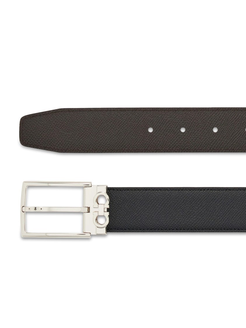 Ferragamo Reversible Belt With Polished Silver Buckle And Gancini Detail