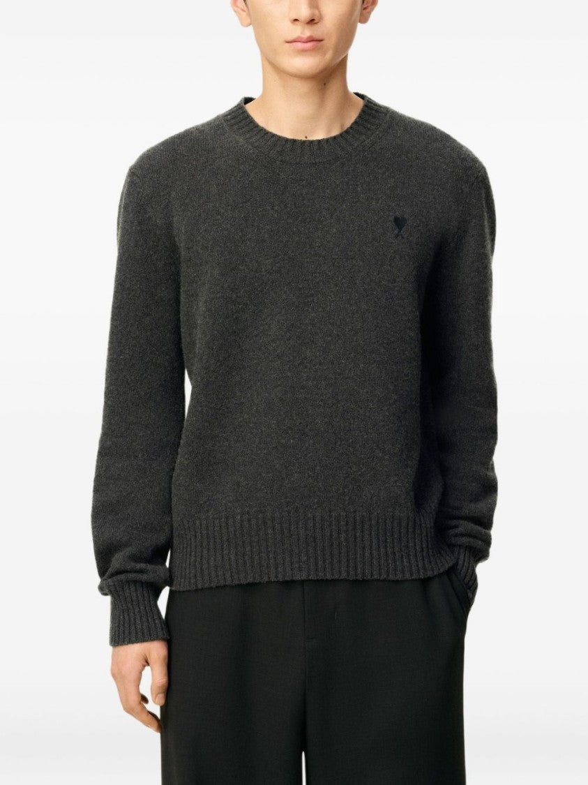 Ami Paris Charcoal Grey Crew Neck Sweater With Logo Embroidery
