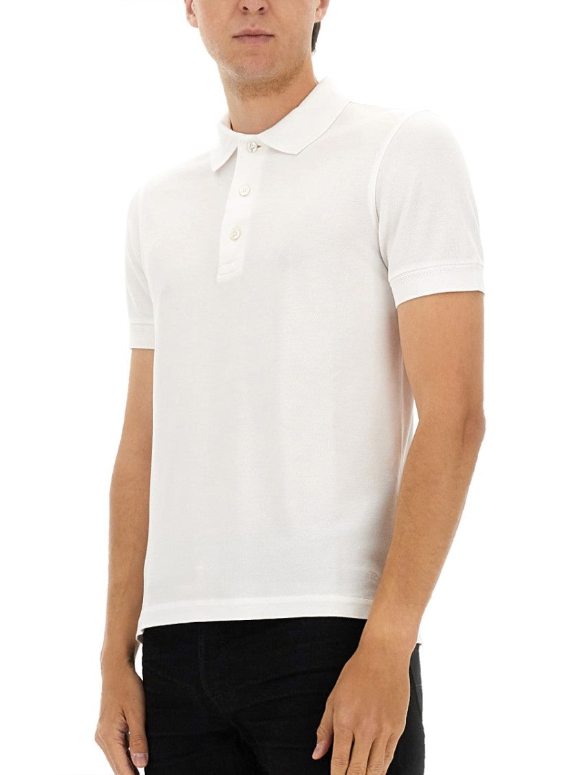 Tom Ford Textured White Pique Polo With Collared Neckline