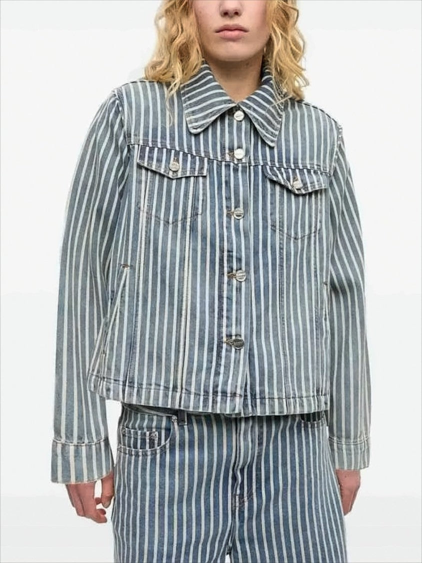 Ganni Cropped Denim Jacket With Vertical Stripes