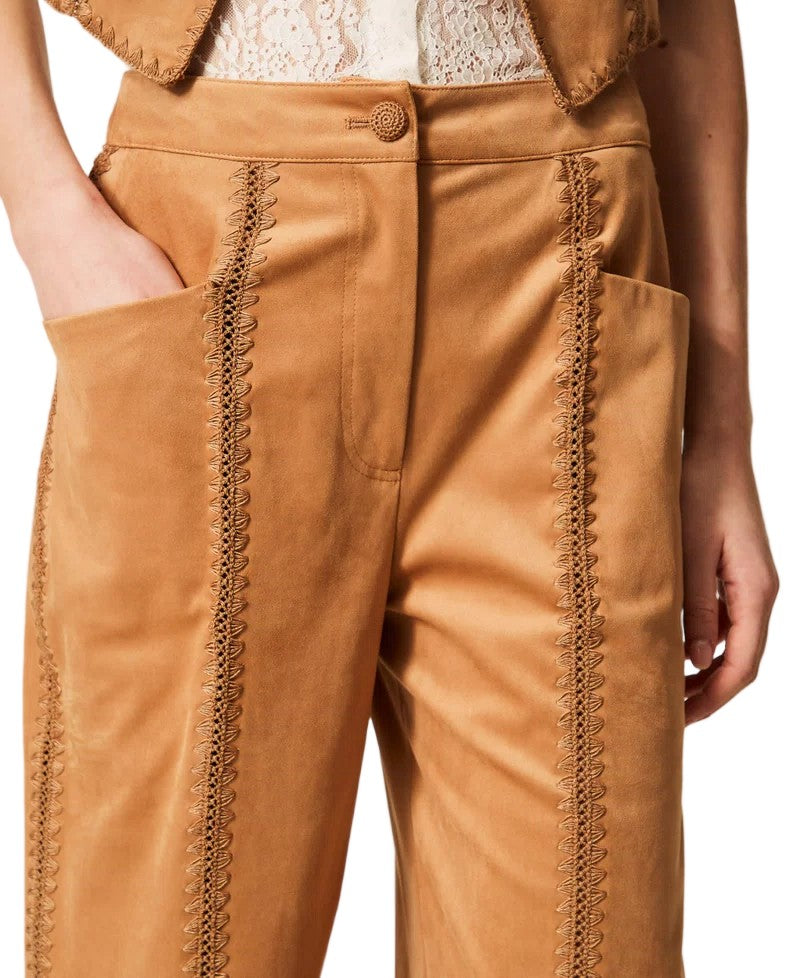 Twinset U&B Brown Suede-Effect Saddle Stitch Straight-Leg Pants