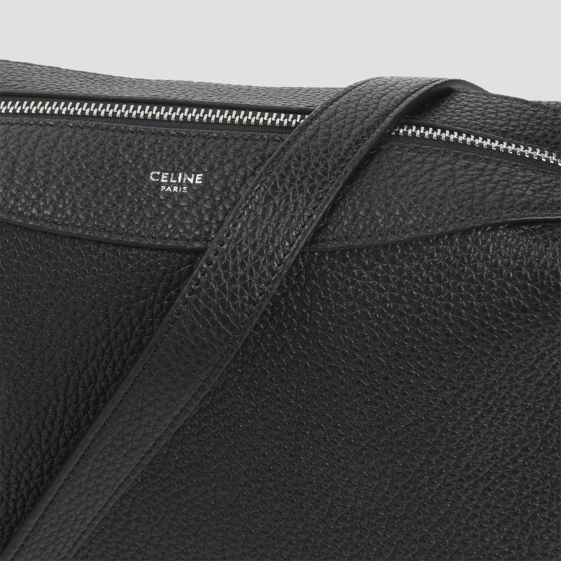 Celine Black Calf Leather Crossbody Bag With Adjustable Strap And Silver-Tone Accents