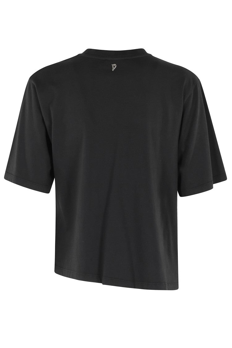 Dondup Black Cotton T-Shirt With Unique Draping Detail