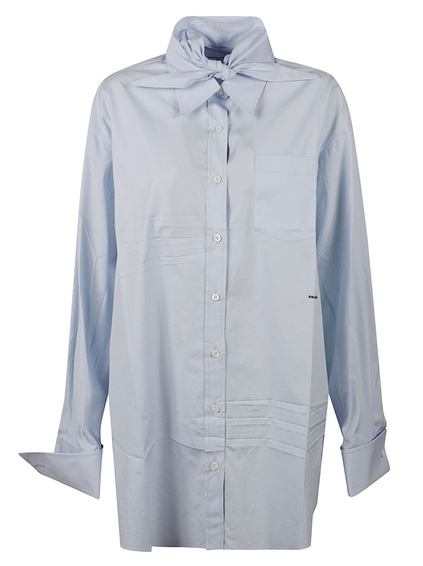 Prada Light Blue Button-Up Shirt With Classic Collar And Necktie Detail