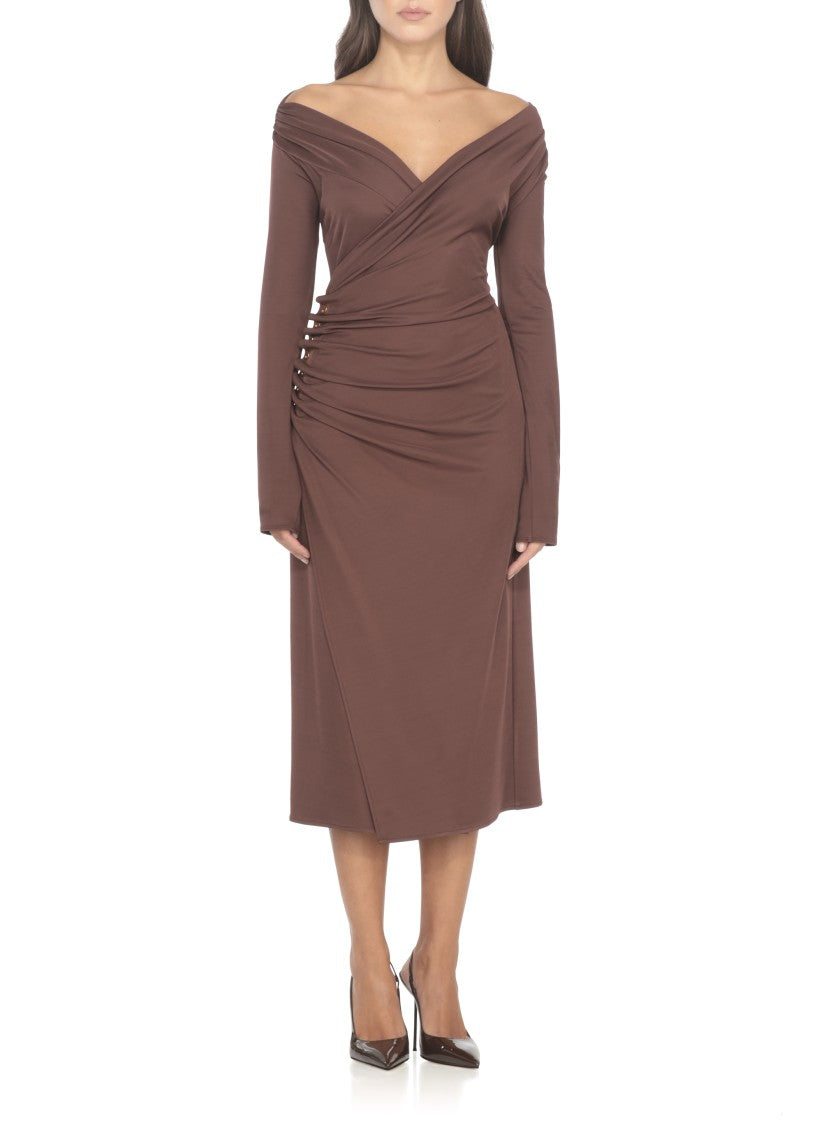 Elisabetta Franchi Deep V-Neck Midi Dress With Metallic Accents