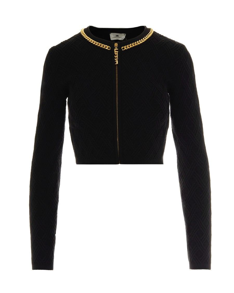 Elisabetta Franchi Black Diamond-Knit Cardigan With Jewel Detail