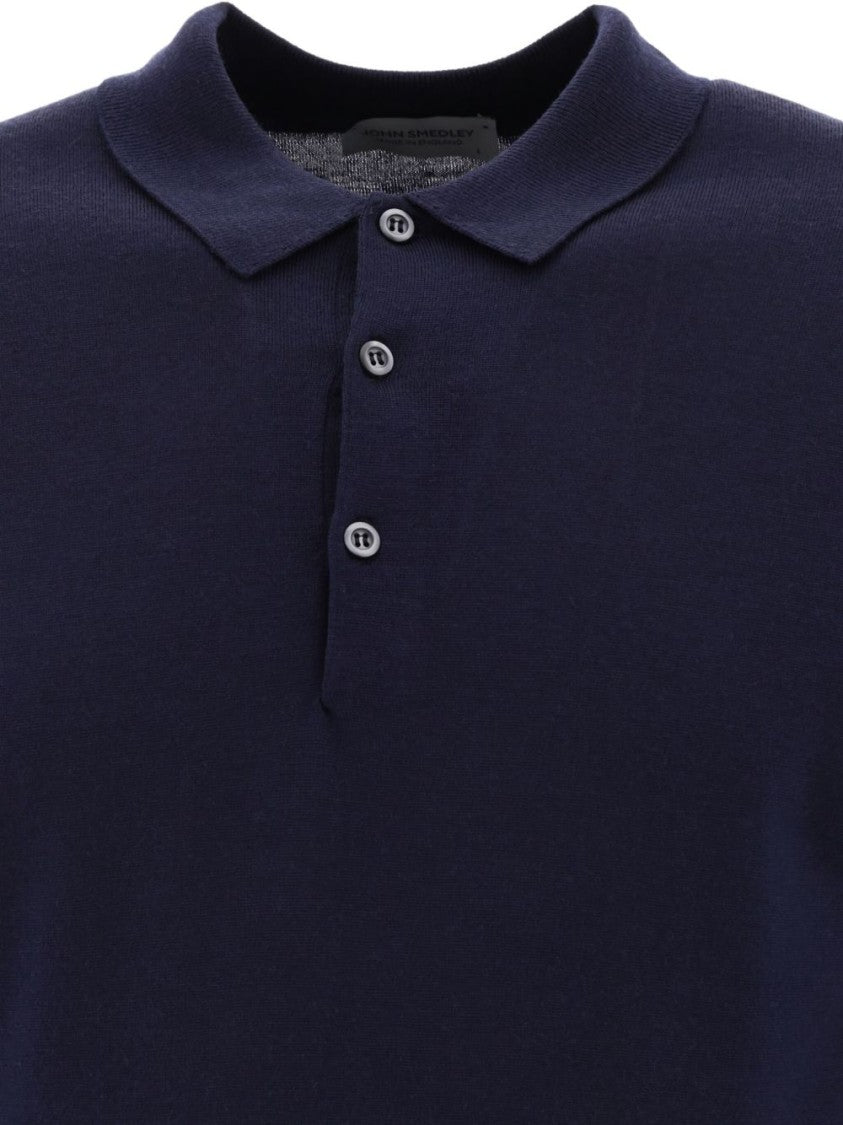 John Smedley Classic Navy Wool Long Sleeve Polo With Ribbed Cuffs