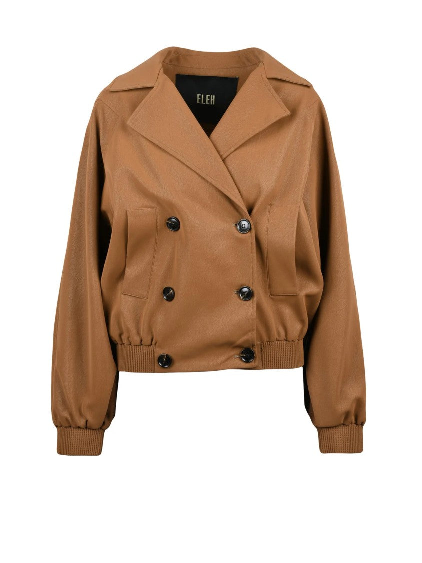 Eleh Brown Polyester Double-Breasted Cropped Coat