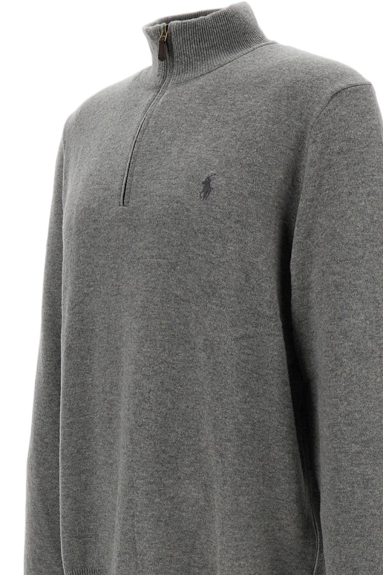 Polo Ralph Lauren Half-Zip Grey Wool Pullover With Embroidered Logo
