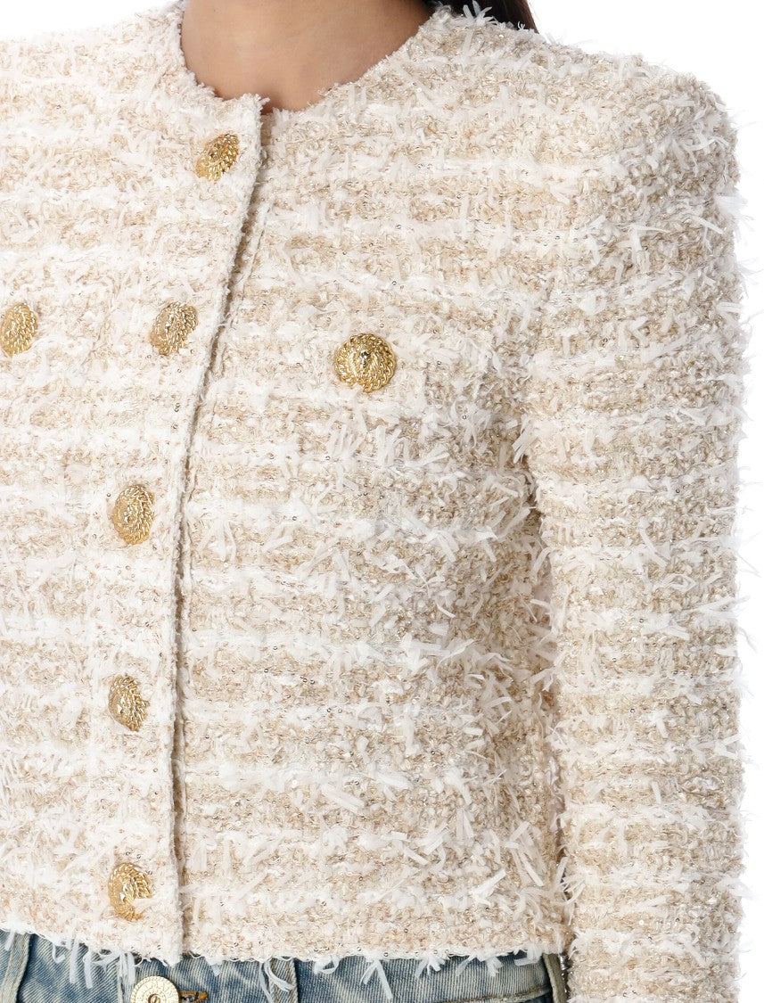 Balmain Cropped White Gold Tweed Jacket